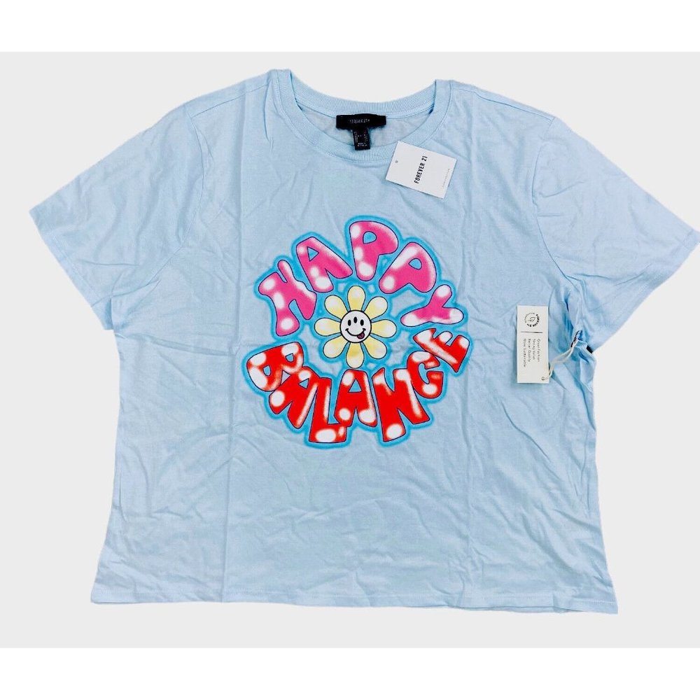 Forever 21 Short Sleeve T-Shirt Happy Balance Plus Size 2X 100% Cotton Blue NWT